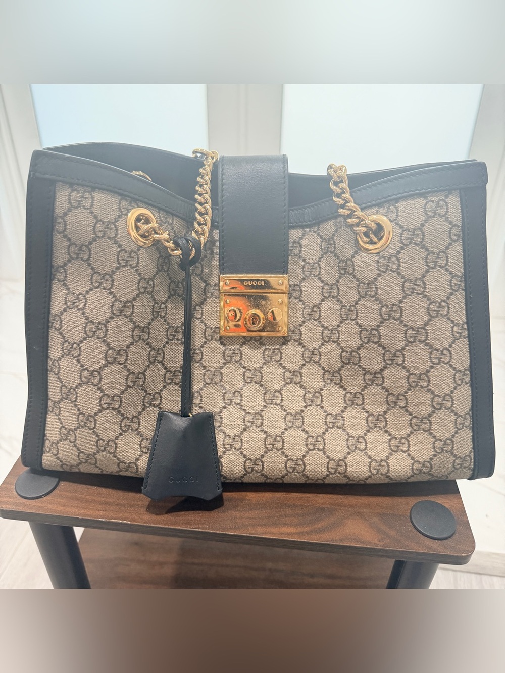 Gucci Beige GG Supreme Tote with Black Trim and Gold Hardware